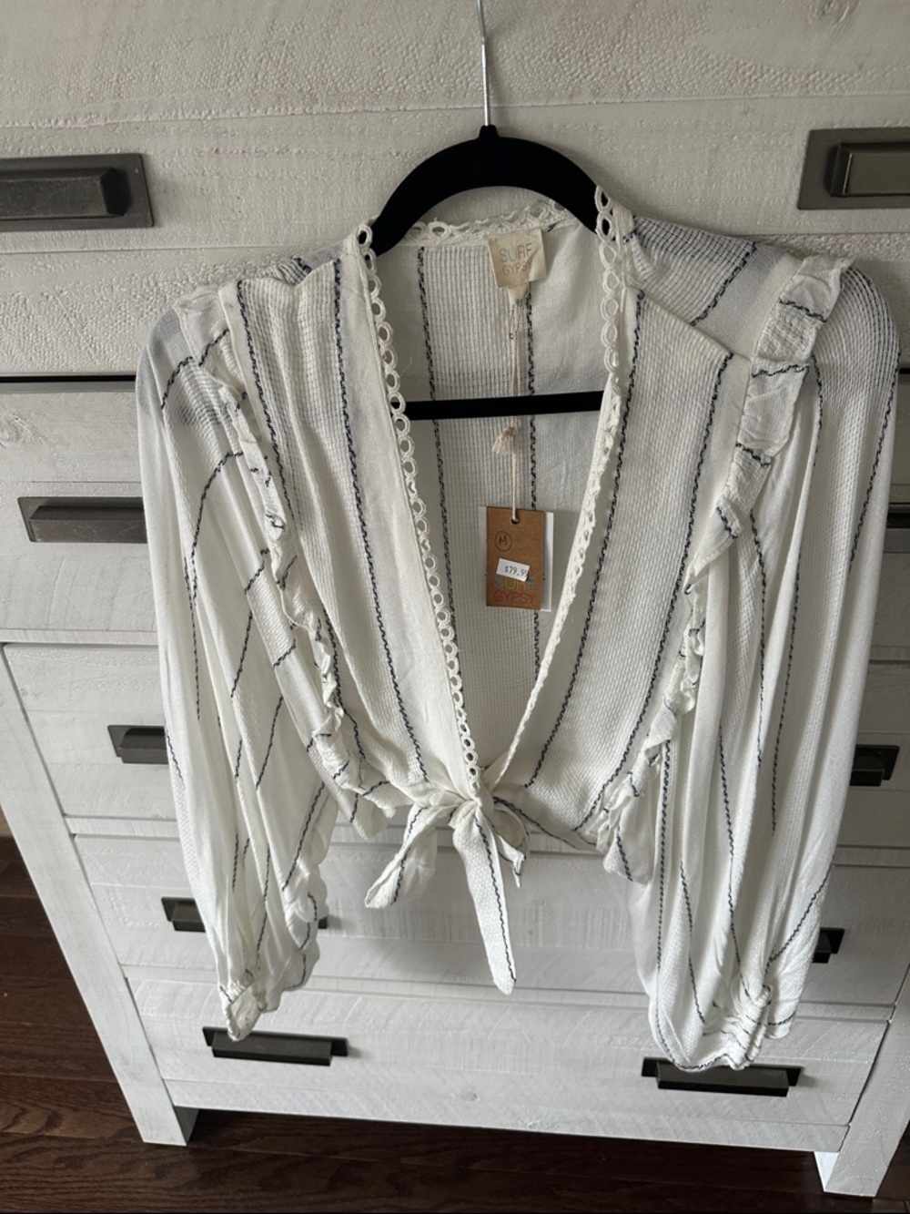 Surf Gypsy White Top with Black Stripes Tie Front